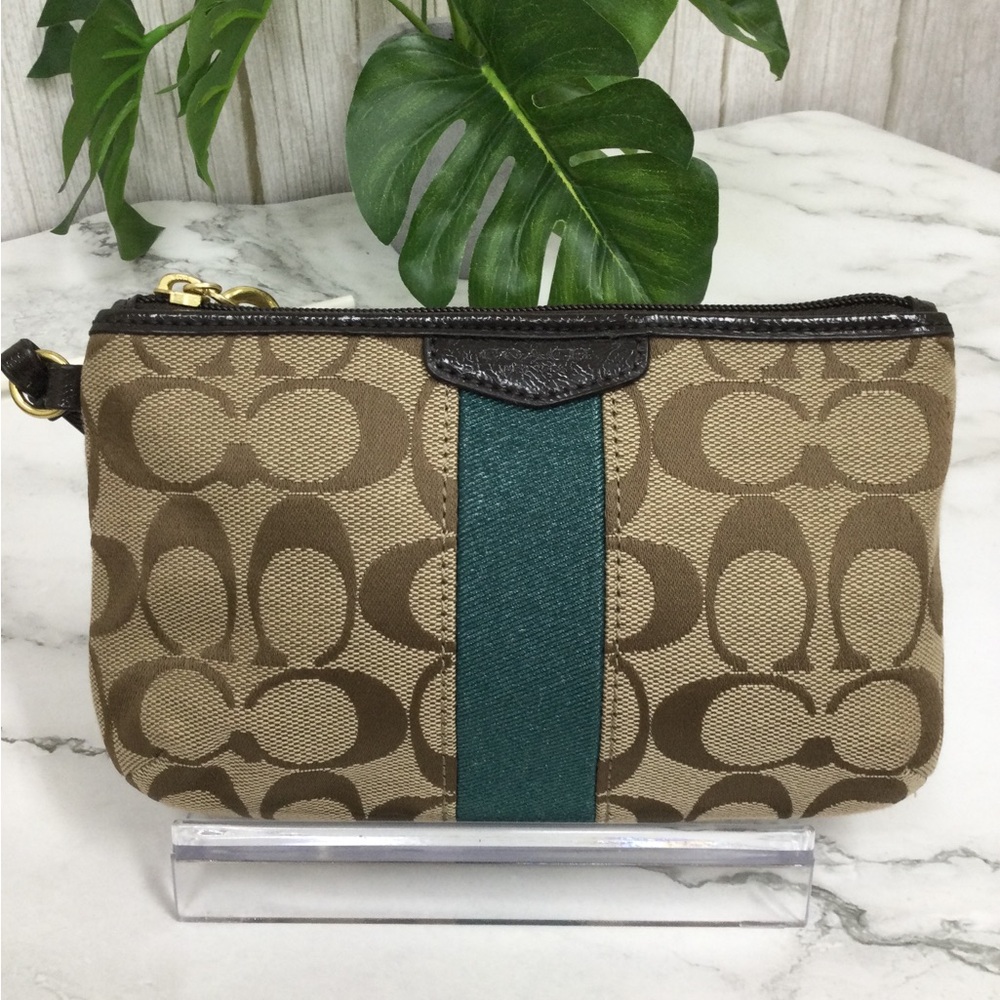 GUC Coach Signature Canvas Wristlet in Brown with Teal Stripe